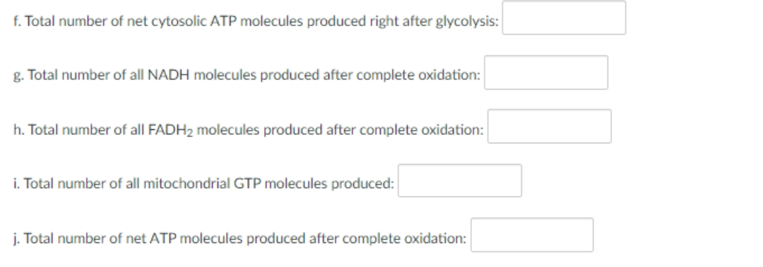 f. Total number of net cytosolic ATP molecules produced right after glycolysis:
g. Total number of all NADH molecules produced after complete oxidation:
h. Total number of all FADH2 molecules produced after complete oxidation:
i. Total number of all mitochondrial GTP molecules produced:
j. Total number of net ATP molecules produced after complete oxidation:
