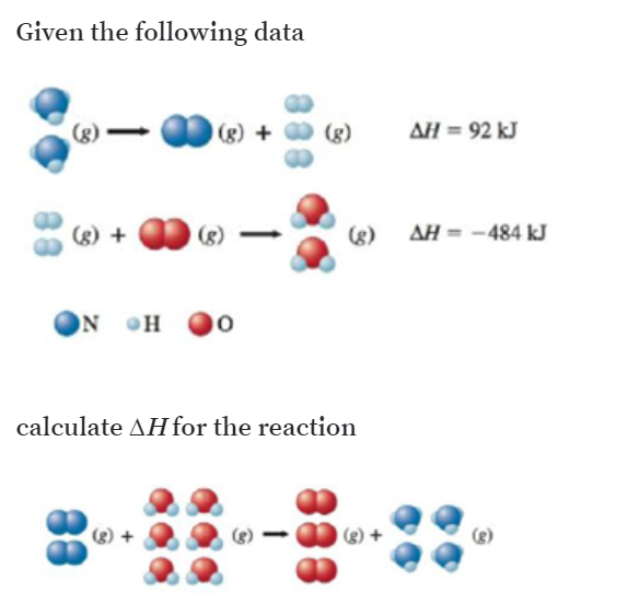 Given the following data
(g) +
AH = 92 kJ
AH = -484 kJ
ON H
calculate AH for the reaction
(g) +
+
