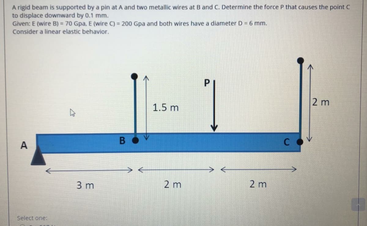 A rigid beam is supported by a pin at A and two metallic wires at B and C. Determine the force P that causes the point C
to displace downward by 0.1 mm.
Given: E (wire B) = 70 Gpa, E (wire C) = 200 Gpa and both wires have a diameter D = 6 mm.
Consider a linear elastic behavior.
2 m
1.5 m
A
3 m
2 m
2 m
Select one:
