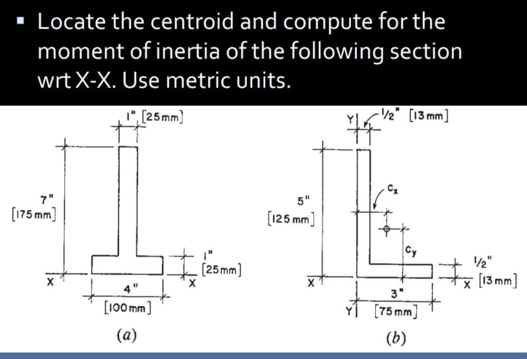 · Locate the centroid and compute for the
moment of inertia of the following section
wrt X-X. Use metric units.
", [25mm]
-/2" [13 mm]
%3D
5
(175 mm]
[125 mm]
2"
%1
[25mm]
x [13 mm]
3"
[100 mm]
[75 mm]
(a)
(b)
