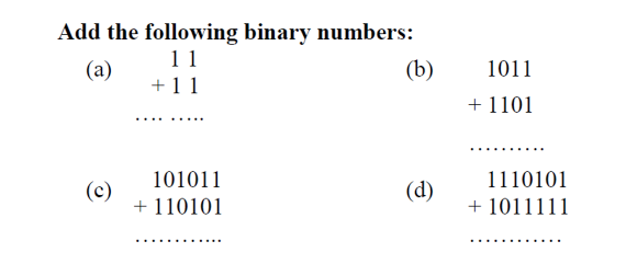 Add the following binary numbers:
11
(а)
(b)
1011
+11
+ 1101
101011
1110101
(c)
+ 110101
(d)
+ 1011111
