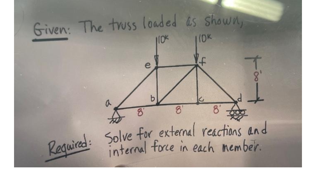 Given: The truss loaded as shown,
110%
110K
A
8'
8'
8'
8'
Required: Solve for external reactions and
internal force in each member.
(D