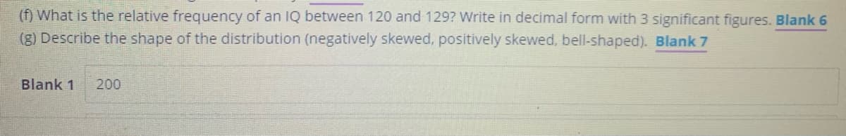 (f) What is the relative frequency of an IQ between 120 and 129? Write in decimal form with 3 significant figures. Blank 6
(g) Describe the shape of the distribution (negatively skewed, positively skewed, bell-shaped). Blank 7
Blank 1
200
