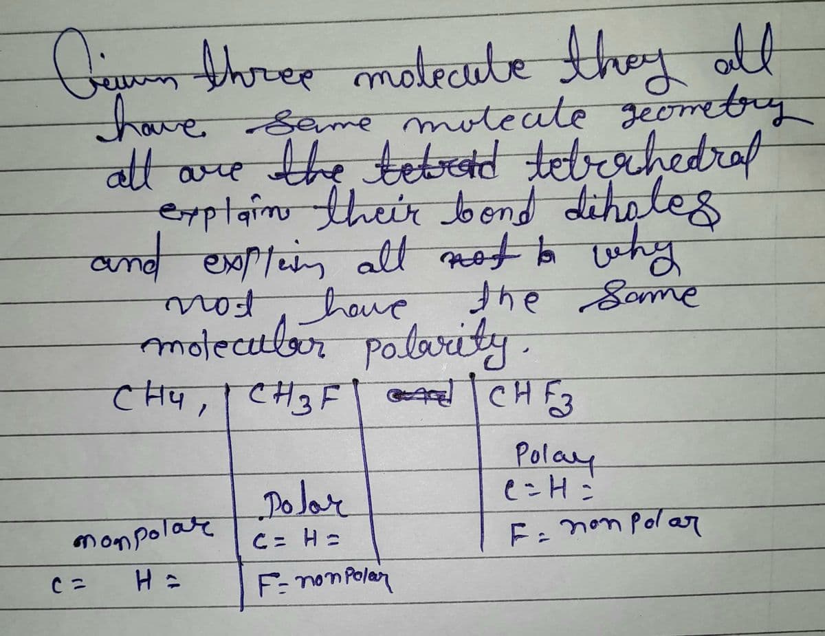 Ciawn three molecule they all
have saime moleute geometry
all are the betred tetrahedral
explain their bond diholes
and explain all nost to why
most have
the same
motecuber polarity.
CHy, CH3F\|CHF3
Polay
e=H=
Dolor
mon polare
C = H =
F = non polar
F=non Polar
C = H =