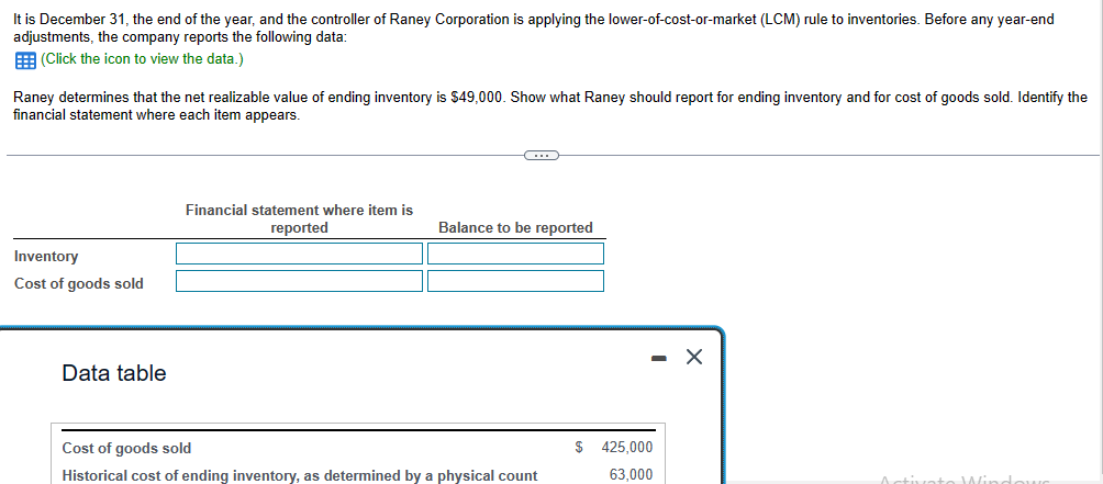 It is December 31, the end of the year, and the controller of Raney Corporation is applying the lower-of-cost-or-market (LCM) rule to inventories. Before any year-end
adjustments, the company reports the following data:
(Click the icon to view the data.)
Raney determines that the net realizable value of ending inventory is $49,000. Show what Raney should report for ending inventory and for cost of goods sold. Identify the
financial statement where each item appears.
Inventory
Cost of goods sold
Data table
Financial statement where item is
reported
G
Balance to be reported
Cost of goods sold
Historical cost of ending inventory, as determined by a physical count
$ 425,000
63,000
X
Window