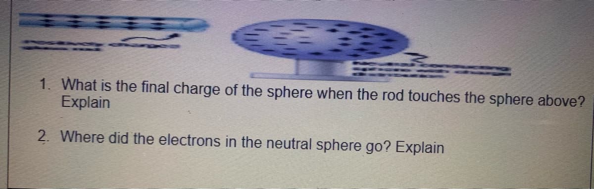 1. What is the final charge of the sphere when the rod touches the sphere above?
Explain
2. Where did the electrons in the neutral sphere go? Explain
