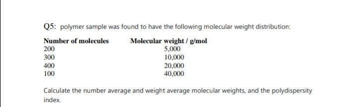 Q5: polymer sample was found to have the following molecular weight distribution:
Number of molecules
Molecular weight / g/mol
5,000
200
300
10,000
20,000
40,000
400
100
Calculate the number average and weight average molecular weights, and the polydispersity
index.
