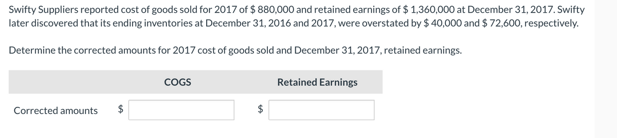 Swifty Suppliers reported cost of goods sold for 2017 of $ 880,000 and retained earnings of $ 1,360,000 at December 31, 2017. Swifty
later discovered that its ending inventories at December 31, 2016 and 2017, were overstated by $ 40,000 and $ 72,600, respectively.
Determine the corrected amounts for 2017 cost of goods sold and December 31, 2017, retained earnings.
COGS
Retained Earnings
Corrected amounts
$
%24
%24
