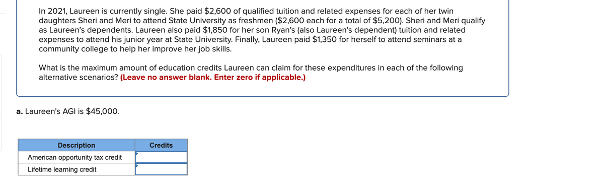 In 2021, Laureen is currently single. She paid $2,600 of qualified tuition and related expenses for each of her twin
daughters Sheri and Meri to attend State University as freshmen ($2,600 each for a total of $5,200). Sheri and Meri qualify
as Laureen's dependents. Laureen also paid $1,850 for her son Ryan's (also Laureen's dependent) tuition and related
expenses to attend his junior year at State University. Finally, Laureen paid $1,350 for herself to attend seminars at a
community college to help her improve her job skills.
What is the maximum amount of education credits Laureen can claim for these expenditures in each of the following
alternative scenarios? (Leave no answer blank. Enter zero if applicable.)
a. Laureen's AGI is $45,000.
Description
Credits
American opportunity tax credit
Lifetime learning credit
