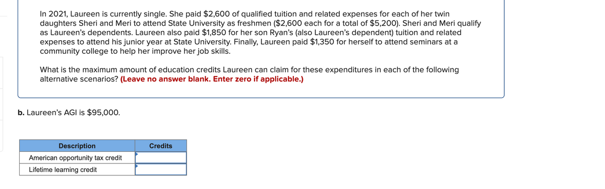 In 2021, Laureen is currently single. She paid $2,600 of qualified tuition and related expenses for each of her twin
daughters Sheri and Meri to attend State University as freshmen ($2,600 each for a total of $5,200). Sheri and Meri qualify
as Laureen's dependents. Laureen also paid $1,850 for her son Ryan's (also Laureen's dependent) tuition and related
expenses to attend his junior year at State University. Finally, Laureen paid $1,350 for herself to attend seminars at a
community college to help her improve her job skills.
What is the maximum amount of education credits Laureen can claim for these expenditures in each of the following
alternative scenarios? (Leave no answer blank. Enter zero if applicable.)
b. Laureen's AGI is $95,000.
Description
Credits
American opportunity tax credit
Lifetime learning credit
