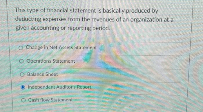 This type of financial statement is basically produced by
deducting expenses from the revenues of an organization at a
given accounting or reporting period.
O Change in Net Assets Statement
O Operations Statement
O Balance Sheet
Independent Auditor's Report
Cash flow Statement
