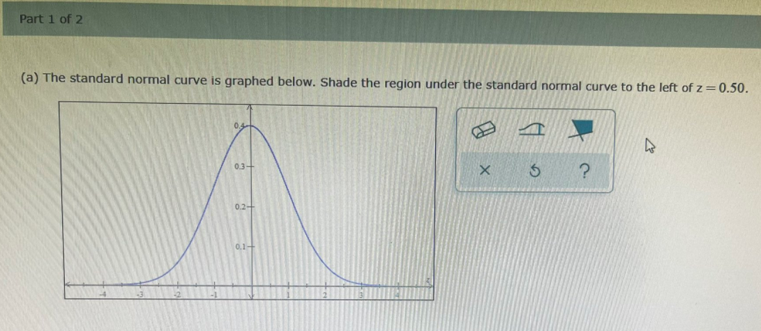 Part 1 of 2
(a) The standard normal curve is graphed below. Shade the region under the standard normal curve to the left of z =0.50.
0.4
0.3+
0.2+
0.1-
