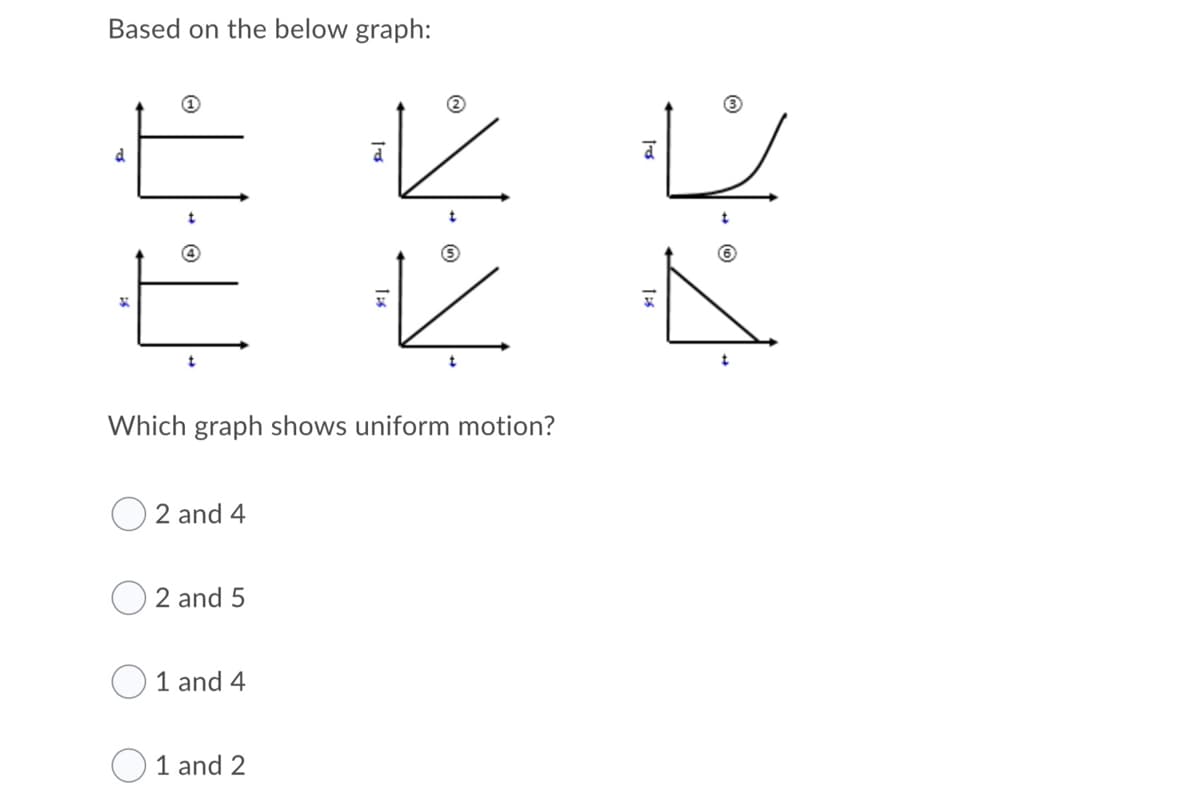 Based on the below graph:
d
Which graph shows uniform motion?
2 and 4
2 and 5
1 and 4
1 and 2
