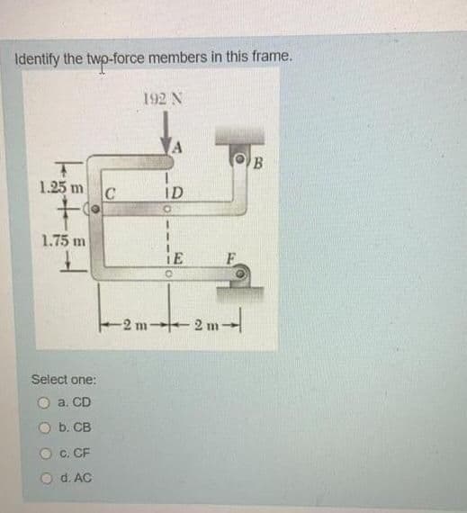 Identify the twp-force members in this frame.
192 N
1.25 m
C
ID
3.
1.75 m
3.
IE
-2 m 2 m
Select one:
a. CD
O b. CB
C. CF
O d. AC
