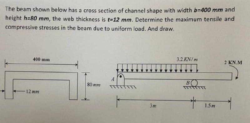 The beam shown below has a cross section of channel shape with width b3400 mm and
height h=80 mm, the web thickness is t-12 mm. Determine the maximum tensile and
compressive stresses in the beam due to uniform load. And draw.
3.2 KN/ m
2 KN.M
400 mm
A
BO
80 mm
12 mm
3m
1.5m
