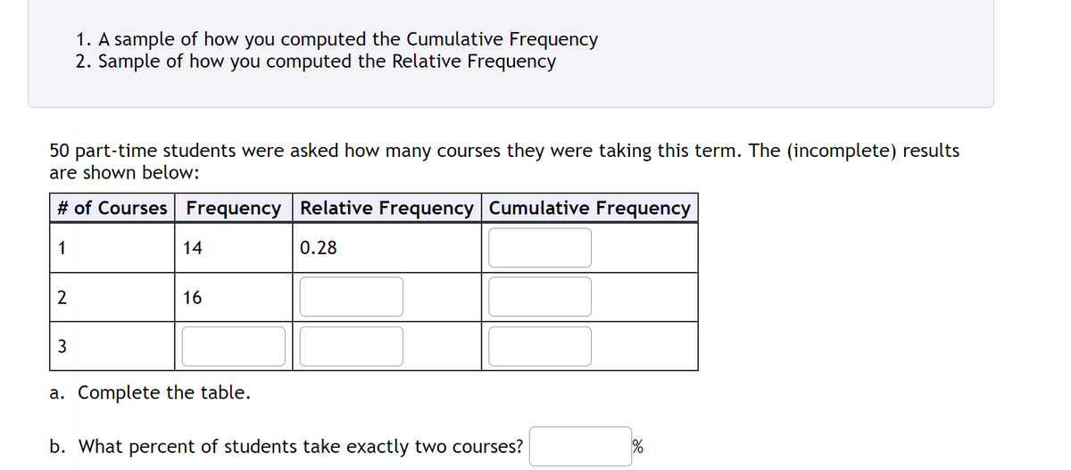 1. A sample of how you computed the Cumulative Frequency
2. Sample of how you computed the Relative Frequency
50 part-time students were asked how many courses they were taking this term. The (incomplete) results
are shown below:
# of Courses Frequency Relative Frequency Cumulative Frequency
1
14
0.28
2
16
3
a. Complete the table.
b. What percent of students take exactly two courses?
