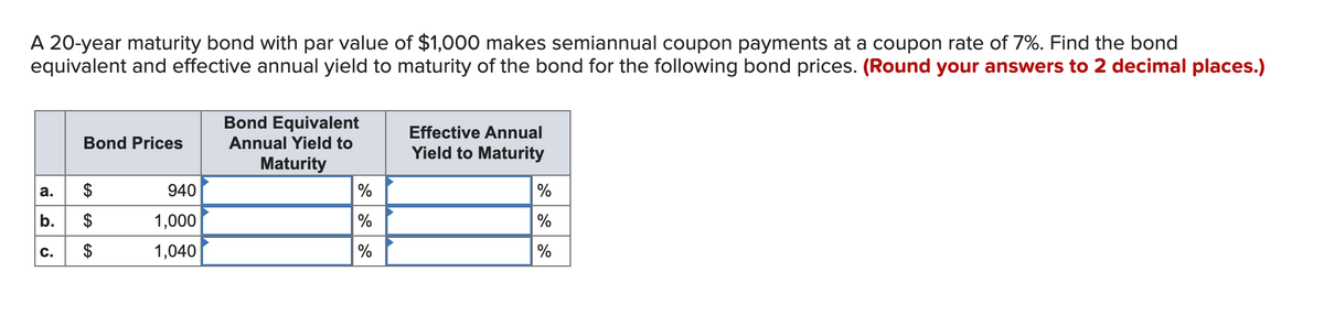 A 20-year maturity bond with par value of $1,000 makes semiannual coupon payments at a coupon rate of 7%. Find the bond
equivalent and effective annual yield to maturity of the bond for the following bond prices. (Round your answers to 2 decimal places.)
Bond Prices
Bond Equivalent
Annual Yield to
Maturity
Effective Annual
Yield to Maturity
$
%
$
%
%
a.
b.
C.
940
1,000
1,040
%
%
%