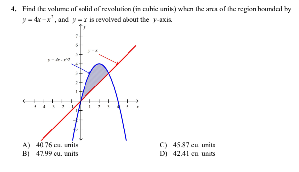 4. Find the volume of solid of revolution (in cubic units) when the area of the region bounded by
y = 4x – x', and y = x is revolved about the y-axis.
3+
y- dx -x2
2
++
-5 4 -3 -2
A) 40.76 cu. units
B) 47.99 cu. units
C) 45.87 cu. units
D) 42.41 cu. units
