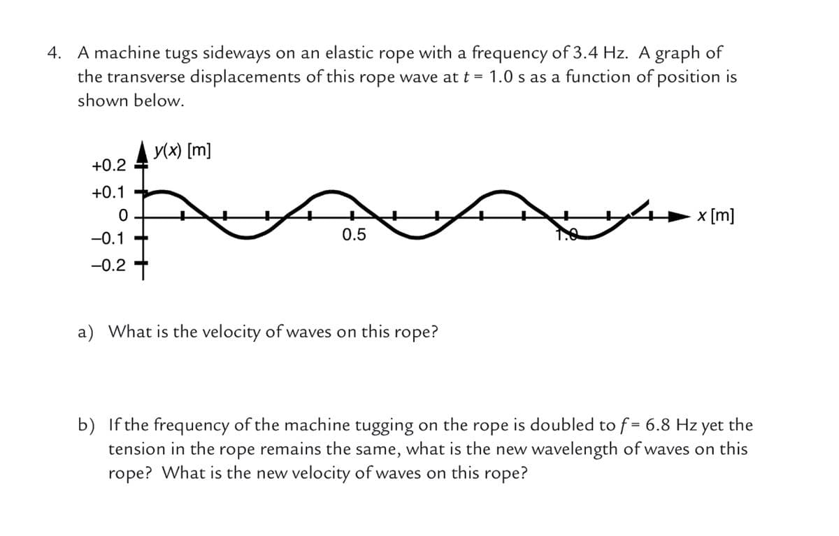 4. A machine tugs sideways on an elastic rope with a frequency of 3.4 Hz. A graph of
the transverse displacements of this rope wave at t = 1.0 s as a function of position is
shown below.
y(x) [m]
+0.2
+0.1
x [m]
-0.1
0.5
-0.2
a) What is the velocity of waves on this rope?
b) If the frequency of the machine tugging on the rope is doubled to f= 6.8 Hz yet the
tension in the rope remains the same, what is the new wavelength of waves on this
rope? What is the new velocity of waves on this rope?
%3D
