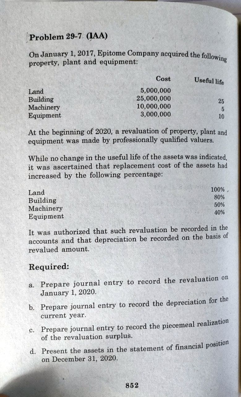 Problem 29-7. (IAA)
On January 1, 2017, Epitome Company acquired the following
property, plant and equipment:
Cost
Useful life
Land
Building
Machinery
Equipment
5,000,000
25,000,000
10,000,000
3,000,000
25
10
At the beginning of 2020, a revaluation of property, plant and
equipment was made by professionally qualified valuers.
While no change in the useful life of the assets was indicated.
it was ascertained that replacement cost of the assets had
increased by the following percentage:
100%
Land
Building
Machinery
Equipment
80%
50%
40%
It was authorized that such revaluation be recorded in the
accounts and that depreciation be recorded on the basis of
revalued amount.
Required:
a. Prepare journal entry to record the revaluation on
January 1, 2020.
b. Prepare journal entry to record the depreciation for the
current year.
c. Prepare journal entry to record the piecemeal realization
of the revaluation surplus.
d. Present the assets in the statement of financial position
on December 31, 2020.
852
