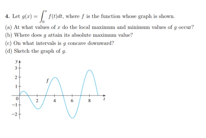 4. Let g(x) = f(t)dt, where ƒ is the function whose graph is shown.
(a) At what values of ar do the local maximum and minimum values of g occur?
(b) Where does g attain its absolute maximum value?
(c) On what intervals is g concave downward?
(d) Sketch the graph of g.
NA
ਲਈ
2
4
6
3
2+
-24
