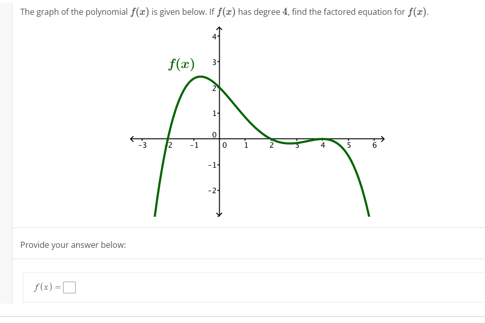 The graph of the polynomial f(x) is given below. If f(x) has degree 4, find the factored equation for f(x).
Provide your answer below:
f(x) =
f(x)
2
-1
3-1
N
1-
-1-
-24
0
1
N₂
2
5