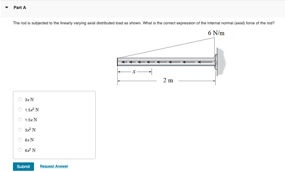 Part A
The rod is subjected to the linearly varying axial distributed load as shown. What is the correct expression of the internal normal (axial) force of the rod?
6 N/m
O
3x N
1.5x² N
1.5x N
3x² N
6x N
6x² N
Submit
Request Answer
X
2 m