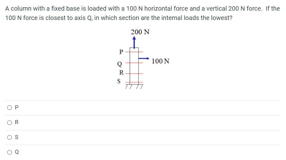 A column with a fixed base is loaded with a 100 N horizontal force and a vertical 200 N force. If the
100 N force is closest to axis Q, in which section are the internal loads the lowest?
200 N
P
100 N
R
O P
OR
OS
