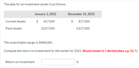 The data for an investment center is as follows:
Current Assets
Plant Assets
January 1, 2022
$ 417,000
3,017,000
December 31, 2022
$
817,000
3,817,000
The controllable margin is $484,080.
Compute the return on investment for the center for 2022. (Round answer to 1 decimal place, e.g. 52.7.)
Return on Investment
%