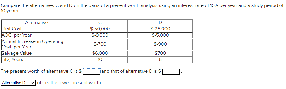 Compare the alternatives C and D on the basis of a present worth analysis using an interest rate of 15% per year and a study period of
10 years.
Alternative
C
First Cost
AOC, per Year
Annual Increase in Operating
Cost, per Year
Salvage Value
Life, Years
$-50,000
$-9,000
$-28,000
$-5,000
$-700
$-900
$6,000
$700
10
The present worth of alternative C is $
and that of alternative D is $
Alternative D
offers the lower present worth.
