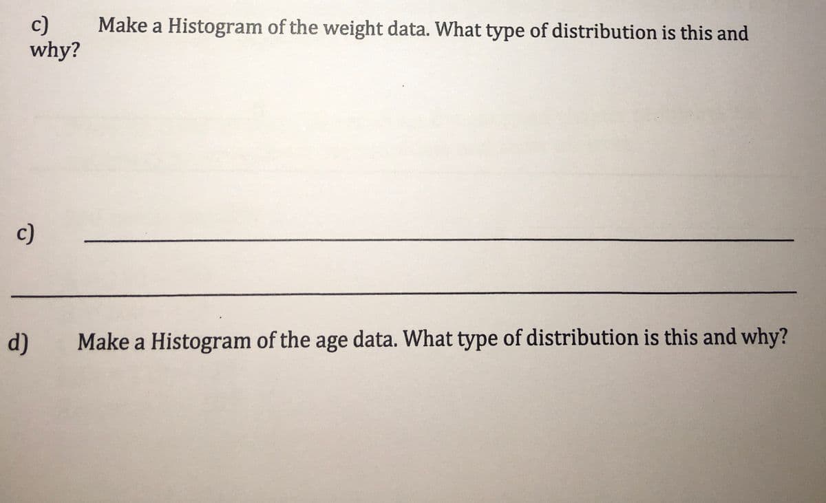 c)
why?
Make a Histogram of the weight data. What type of distribution is this and
c)
d)
Make a Histogram of the age data. What type of distribution is this and why?
