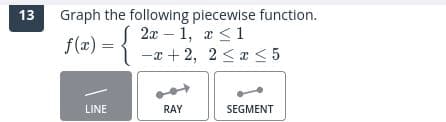 Graph the following piecewise function.
2х - 1, а <1
-x + 2, 2 <a < 5
13
f(x) =
LINE
RAY
SEGMENT
