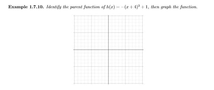 Example 1.7.10. Identify the parent function of h(x) = -(r + 4)2 + 1, then graph the function.
%3D
