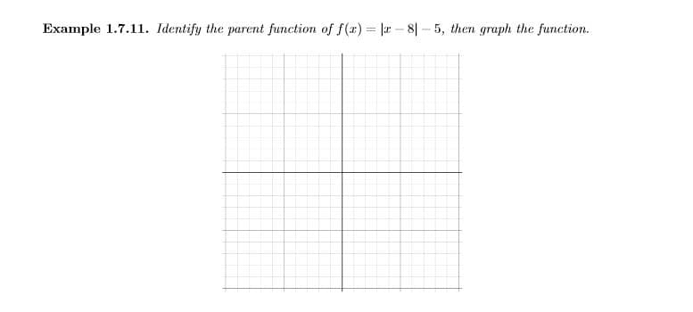 Example 1.7.11. Identify the parent function of f(x) = |a – 8| – 5, then graph the function.
%3D
