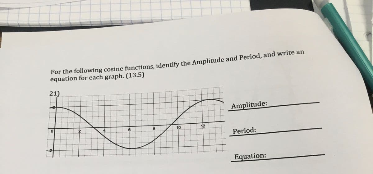 For the following cosine functions, identify the Amplitude and Period, and write an
equation for each graph. (13.5)
21)
Amplitude:
2
8
10
12
Period:
Equation:

