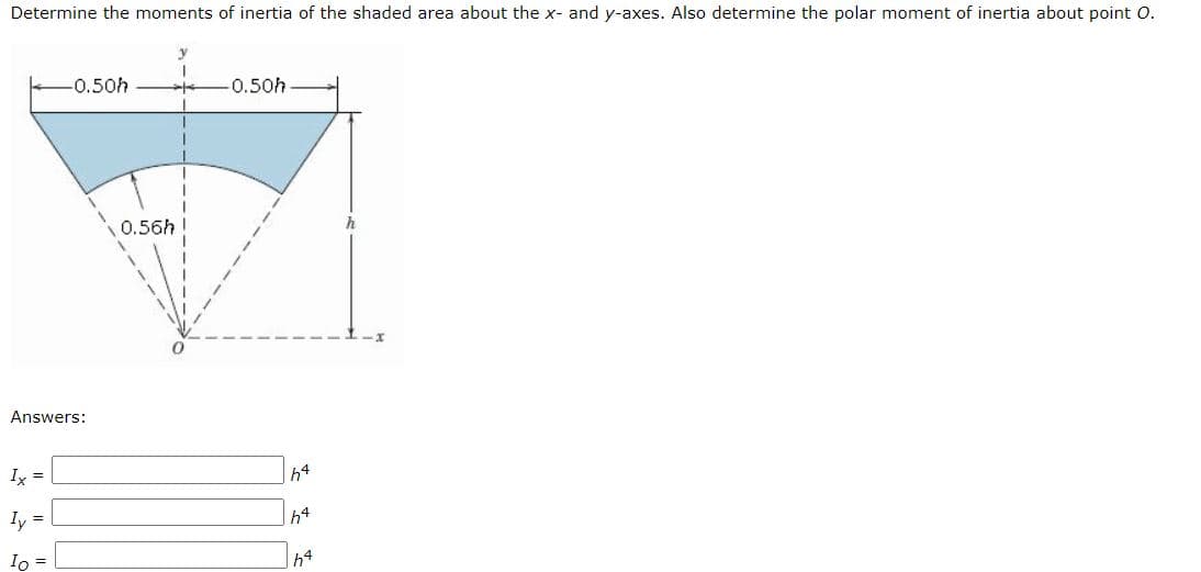 Determine the moments of inertia of the shaded area about the x- and y-axes. Also determine the polar moment of inertia about point O.
-0.50h
-0.50h
0.56h
Answers:
Ix =
h4
Iy =
h4
Io =
41
