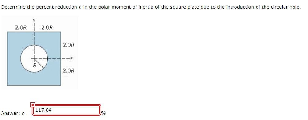 Determine the percent reduction n in the polar moment of inertia of the square plate due to the introduction of the circular hole.
2.0R
2.0R
2.0R
---x
2.0R
117.84
Answer: n =
J%
