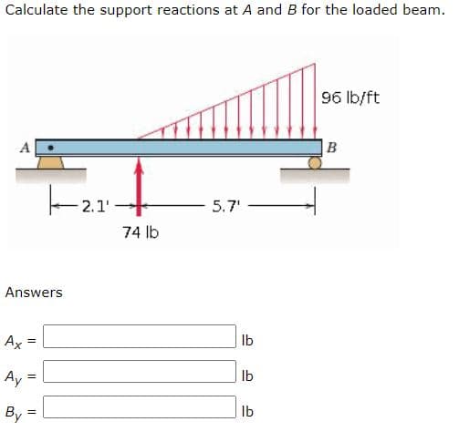 Calculate the support reactions at A and B for the loaded beam.
96 lb/ft
B
2.1
5.7'
74 lb
Answers
Ax =
Ib
Ay
Ib
By
Ib
