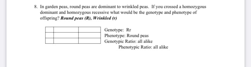 8. In garden peas, round peas are dominant to wrinkled peas. If you crossed a homozygous
dominant and homozygous recessive what would be the genotype and phenotype of
offspring? Round peas (R), Wrinkled (r)
Genotype: Rr
Phenotype: Round peas
Genotypic Ratio: all alike
Phenotypic Ratio: all alike
