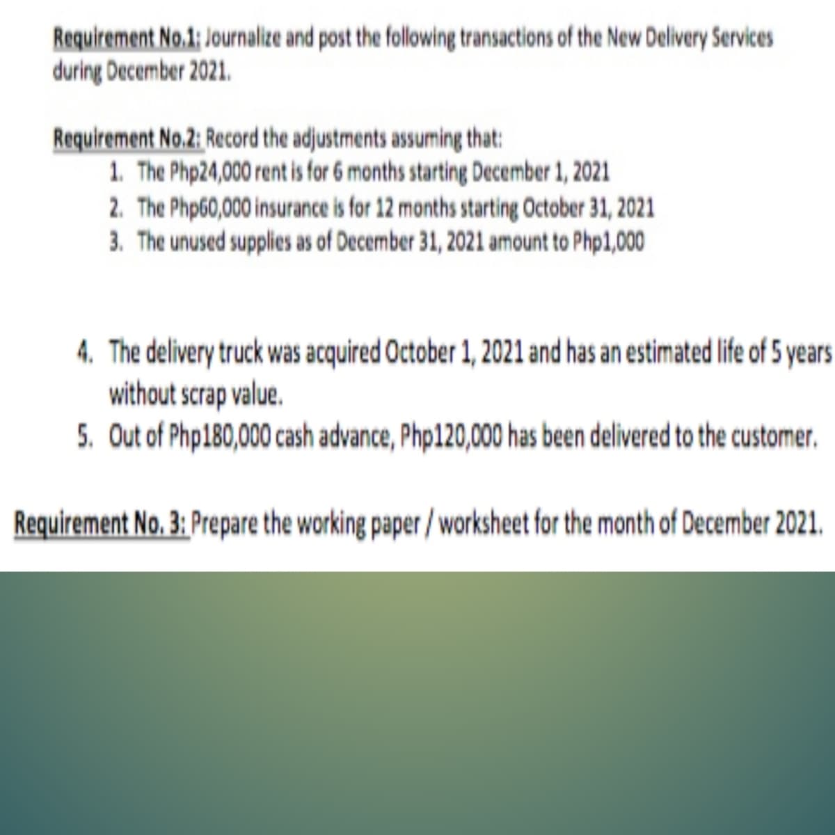 Requirement No.1; Journalize and post the following transactions of the New Delivery Services
during December 2021.
Requirement No.2: Record the adjustments assuming that:
1. The Php24,000 rent is for 6 months starting December 1, 2021
2. The Php60,000 insurance is for 12 months starting October 31, 2021
3. The unused supplies as of December 31, 2021 amount to Php1,000
4. The delivery truck was acquired October 1, 2021 and has an estimated life of 5 years
without scrap value.
5. Out of Php180,000 cash advance, Php120,00 has been delivered to the customer.
Requirement No. 3: Prepare the working paper/worksheet for the month of December 2021.
