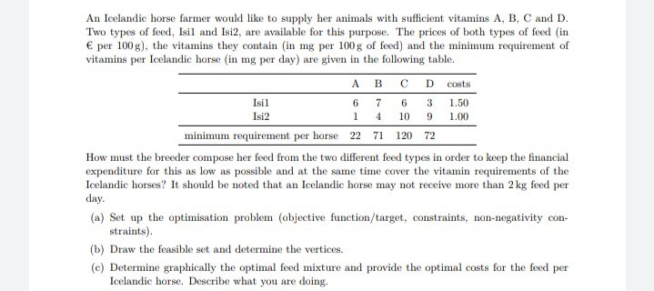 An Icelandic horse farmer would like to supply her animals with sufficient vitamins A, B, C and D.
Two types of feed, Isil and Isi2, are available for this purpose. The prices of both types of feed (in
€ per 100g), the vitamins they contain (in mg per 100g of feed) and the minimum requirement of
vitamins per Icelandic horse (in mg per day) are given in the following table.
A
в с D
costs
Isil
6.
6
3
1.50
Isi2
9 1.00
1
4
10
minimum requirement per horse 22 71 120 72
How must the breeder compose her feed from the two different feed types in order to keep the financial
expenditure for this as low as possible and at the same time cover the vitamin requirements of the
Icelandic horses? It should be noted that an Icelandic horse may not receive more than 2 kg feed per
day.
(a) Set up the optimisation problem (objective function/target, constraints, non-negativity con-
straints).
(b) Draw the feasible set and determine the vertices.
(c) Determine graphically the optimal feed mixture and provide the optimal costs for the feed per
Icelandic horse. Describe what you are doing.
