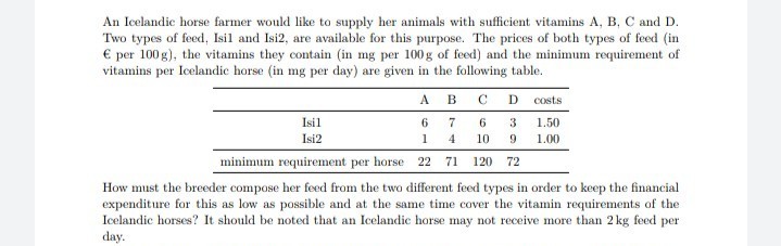 An Icelandic horse farmer would like to supply her animals with sufficient vitamins A, B, C and D.
Two types of feed, Isil and Isi2, are available for this purpose. The prices of both types of feed (in
€ per 100g), the vitamins they contain (in mg per 100g of feed) and the minimum requirement of
vitamins per Icelandic horse (in mg per day) are given in the following table.
A
B C D
costs
Isil
6.
6
3
1.50
Isi2
9 1.00
1
4
10
minimum requirement per horse 22 71 120 72
How must the breeder compose her feed from the two different feed types in order to keep the financial
expenditure for this as low as possible and at the same time cover the vitamin requirements of the
Icelandic horses? It should be noted that an Icelandic horse may not receive more than 2 kg feed
day.
per

