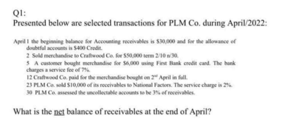 Q1:
Presented below are selected transactions for PLM Co. during April/2022:
April 1 the beginning balance for Accounting receivables is $30,000 and for the allowance of
doubtful accounts is $400 Credit.
2 Sold merchandise to Craftwood Co. for $50,000 term 2/10 n/30.
5 A customer bought merchandise for $6,000 using First Bank credit card. The bank
charges a service fee of 7%.
12 Craftwood Co. paid for the merchandise bought on 2 April in full.
23 PLM Co. sold $10,000 of its receivables to National Factors. The service charge is 2%.
30 PLM Co. assessed the uncollectable accounts to be 3% of receivables.
What is the net balance of receivables at the end of April?