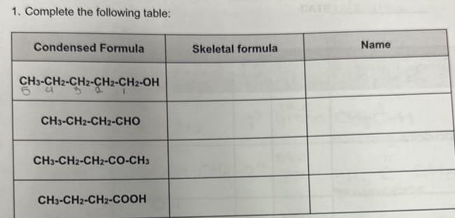 1. Complete the following table:
Condensed Formula
CH3-CH2-CH2-CH2-CH2-OH
CH3-CH2-CH2-CHO
CH3-CH2-CH2-CO-CH3
CH3-CH2-CH2-COOH
Skeletal formula
Name