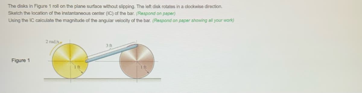 The disks in Figure 1 roll on the plane surface without slipping. The left disk rotates in a clockwise direction.
Sketch the location of the instantaneous center (IC) of the bar. (Respond on paper)
Using the IC calculate the magnitude of the angular velocity of the bar. (Respond on paper showing all your work)
2 rad/s
3 ft
Figure 1
