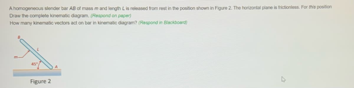 A homogeneous slender bar AB of mass m and length L is released from rest in the position shown in Figure 2. The horizontal plane is frictionless. For this position
Draw the complete kinematic diagram. (Respond on paper)
How many kinematic vectors act on bar in kinematic diagram? (Respond in Blackboard)
m.
45
Figure 2
