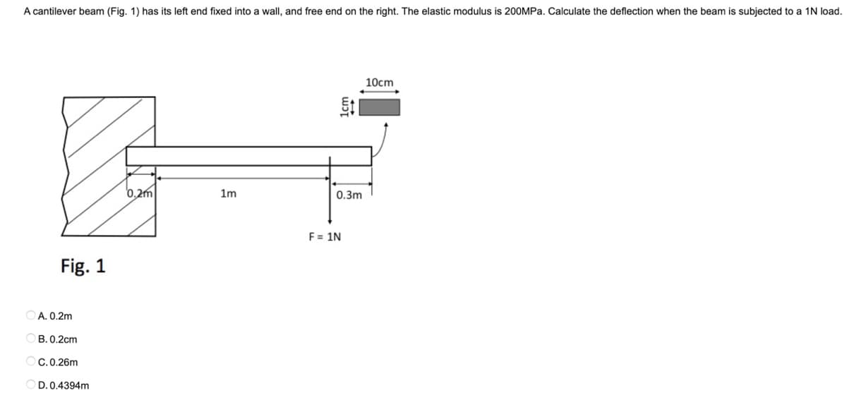 A cantilever beam (Fig. 1) has its left end fixed into a wall, and free end on the right. The elastic modulus is 200MPa. Calculate the deflection when the beam is subjected to a 1N load.
10cm
0,2m
1m
0.3m
F = 1N
Fig. 1
A. 0.2m
B. 0.2cm
C. 0.26m
D. 0.4394m
