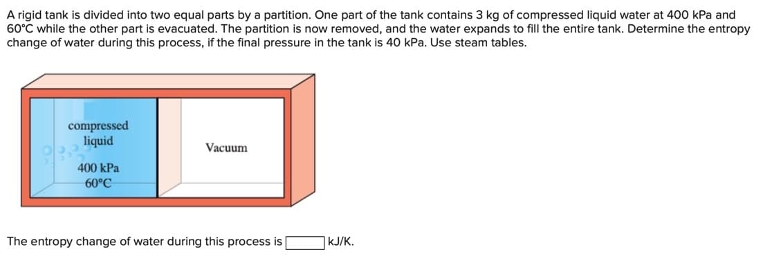 A rigid tank is divided into two equal parts by a partition. One part of the tank contains 3 kg of compressed liquid water at 400 kPa and
60°C while the other part is evacuated. The partition is now removed, and the water expands to fill the entire tank. Determine the entropy
change of water during this process, if the final pressure in the tank is 40 kPa. Use steam tables.
compressed
liquid
Vacuum
400 kPa
60°C
The entropy change of water during this process is
kJ/K.
