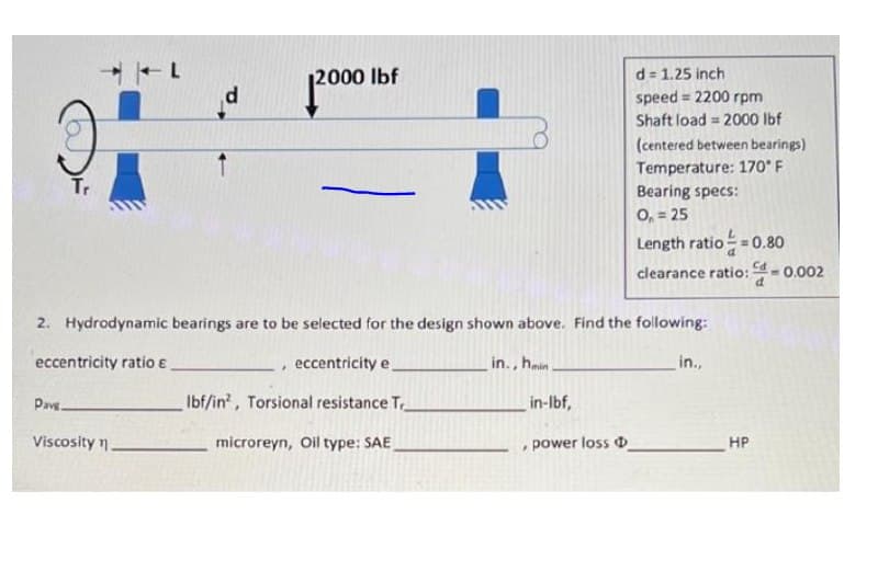 d = 1.25 inch
speed 2200 rpm
12000 Ibf
d.
Shaft load = 2000 lbf
(centered between bearings)
Temperature: 170 F
Tr
Bearing specs:
O, = 25
Length ratio= 0.80
clearance ratio:
Cd
-0.002
2. Hydrodynamic bearings are to be selected for the design shown above. Find the following:
eccentricity ratio e
eccentricity e
in., hmin
in.,
Pavs.
Ibf/in, Torsional resistance T,
in-lbf,
Viscosity n
microreyn, Oil type: SAE
, power loss o
HP
