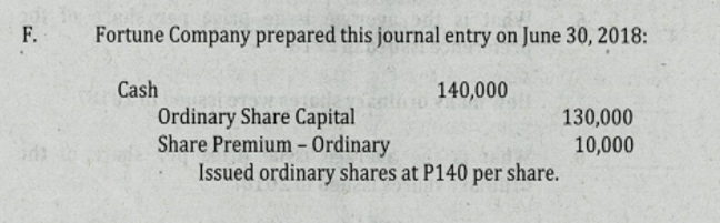 F.
Fortune Company prepared this journal entry on June 30, 2018:
Cash
140,000
Ordinary Share Capital
Share Premium - Ordinary
Issued ordinary shares at P140 per share.
130,000
10,000
